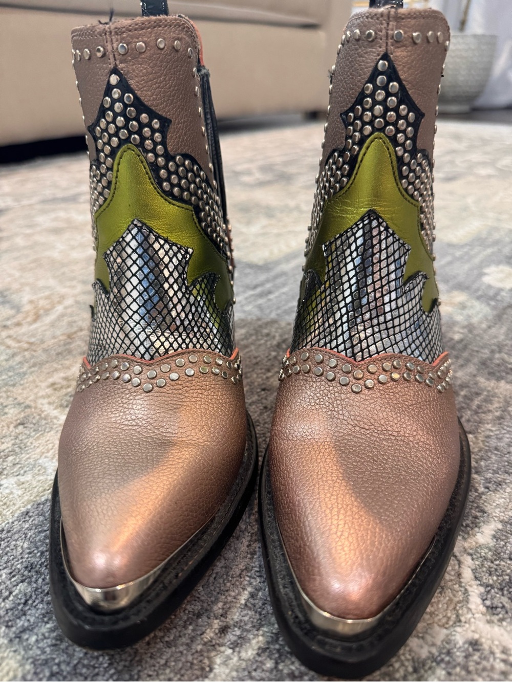 Women's Metallic Bronze Western Ankle Boots with Lime Accent - Picture 2 of 7